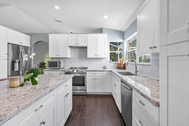 kitchen with appliances with stainless steel finishes, dark wood-type flooring, a sink, and backsplash