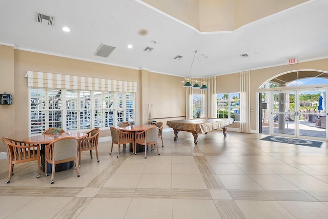 game room featuring ornamental molding, french doors, visible vents, and baseboards