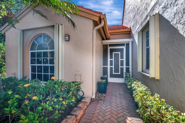 property entrance featuring stucco siding