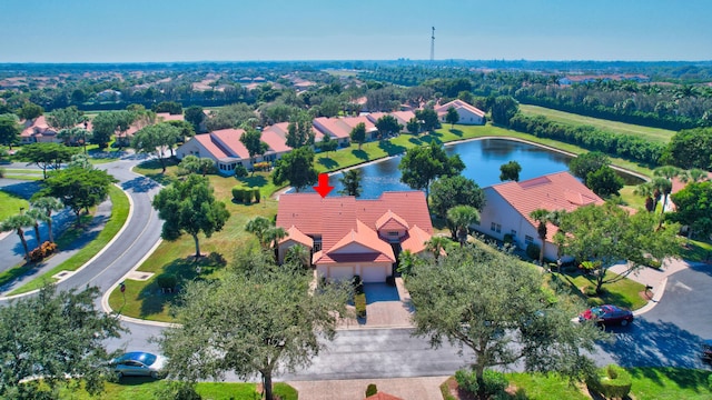 drone / aerial view featuring a water view