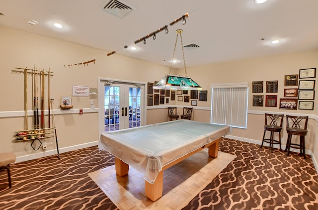 recreation room featuring carpet, french doors, and pool table