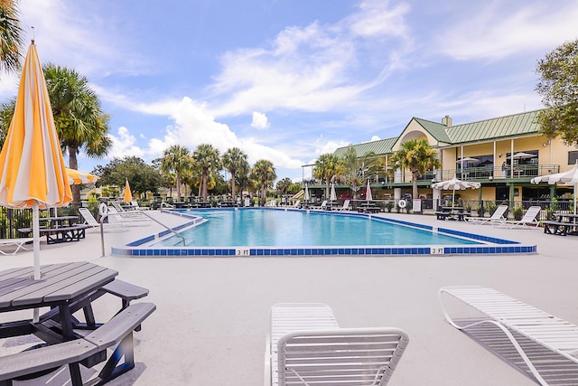 view of swimming pool with a patio area