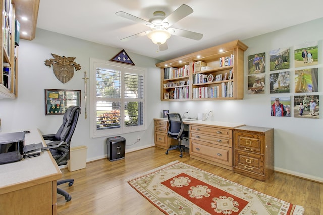 office space featuring light hardwood / wood-style floors and ceiling fan