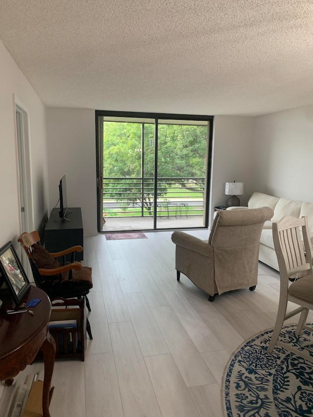 living room featuring a textured ceiling, light hardwood / wood-style flooring, and a healthy amount of sunlight