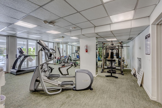 workout area with a drop ceiling and carpet