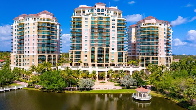 view of building exterior featuring a water view