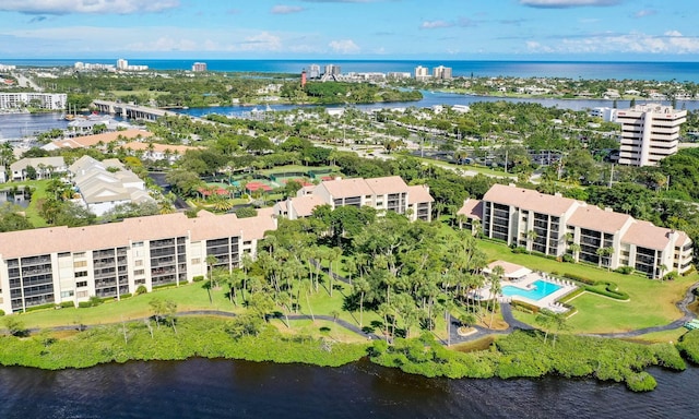 aerial view featuring a water view