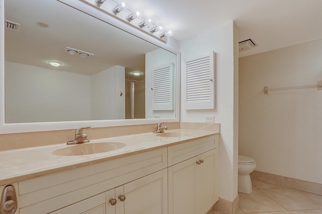 bathroom featuring tile patterned floors, vanity, toilet, and a shower with shower door