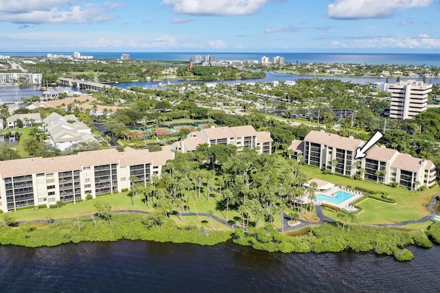 drone / aerial view featuring a water view