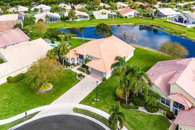 drone / aerial view featuring a water view