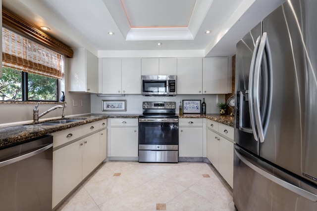 kitchen with white cabinets, appliances with stainless steel finishes, a tray ceiling, and sink