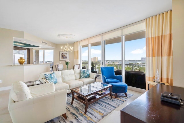 living room with a notable chandelier