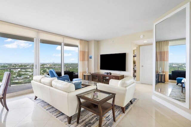 tiled living room with expansive windows