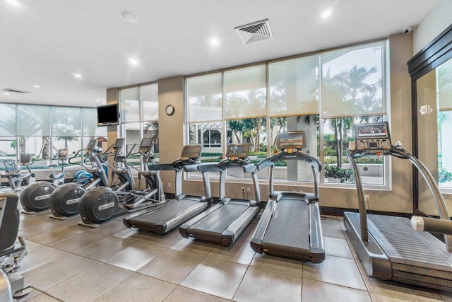 workout area featuring a wall of windows