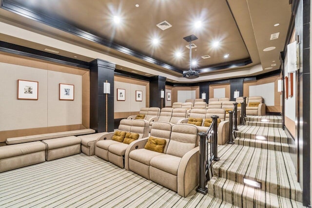 cinema with a raised ceiling, ornamental molding, and light carpet