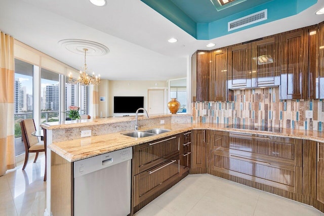 kitchen with kitchen peninsula, decorative backsplash, dishwasher, and sink