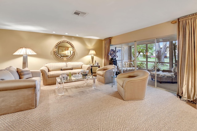 living room featuring light carpet