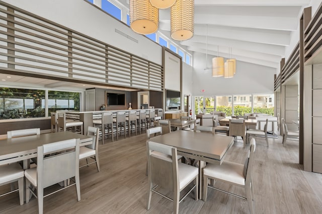 dining space featuring hardwood / wood-style floors, high vaulted ceiling, and plenty of natural light