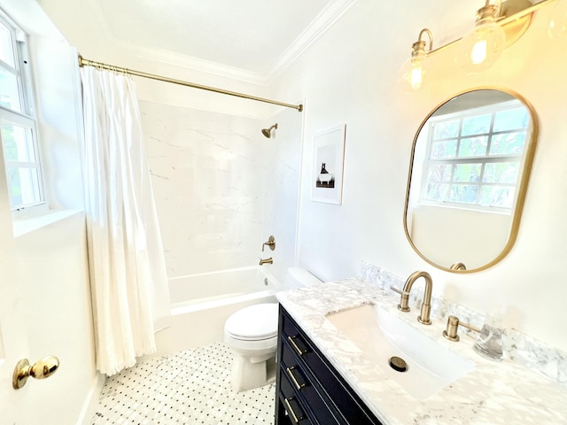 full bath with toilet, shower / tub combo, crown molding, and vanity