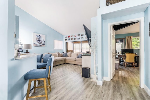 living room featuring high vaulted ceiling and light hardwood / wood-style floors