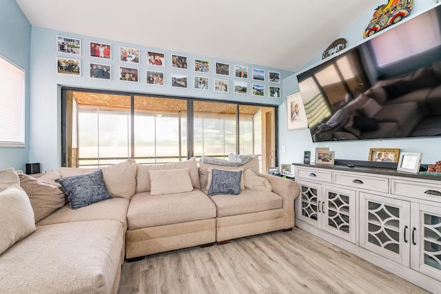 living room with lofted ceiling and light hardwood / wood-style floors