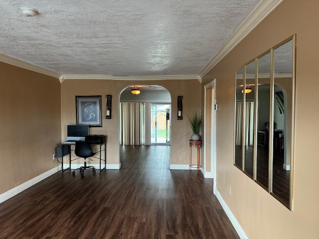 hallway featuring a textured ceiling, dark hardwood / wood-style flooring, and crown molding