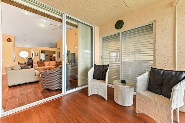 interior space featuring ceiling fan