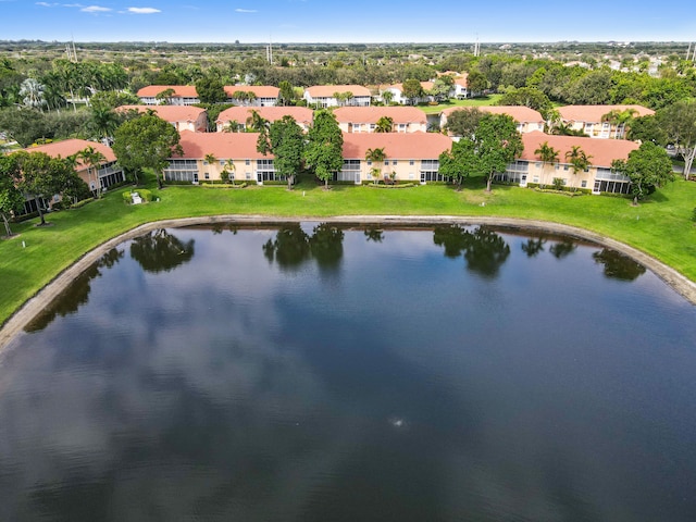 drone / aerial view featuring a water view