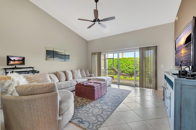 tiled living room with high vaulted ceiling and ceiling fan