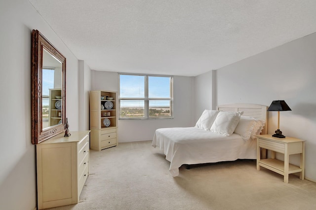 bedroom featuring a textured ceiling, light colored carpet, and multiple windows