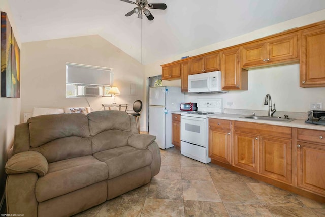 kitchen featuring white appliances, high vaulted ceiling, cooling unit, sink, and ceiling fan