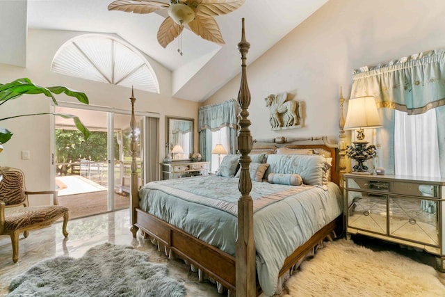 bedroom featuring access to outside, high vaulted ceiling, and ceiling fan