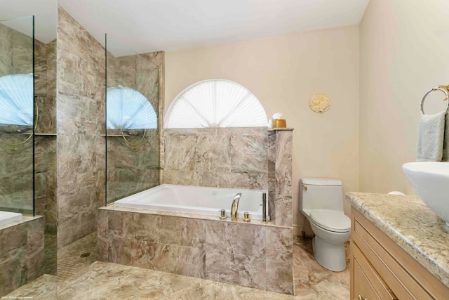 full bathroom featuring vanity, toilet, and independent shower and bath