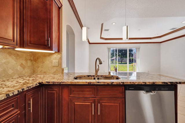 kitchen with kitchen peninsula, stainless steel dishwasher, crown molding, sink, and hanging light fixtures