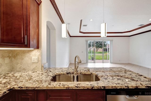 kitchen featuring crown molding, sink, stainless steel dishwasher, tasteful backsplash, and light stone counters