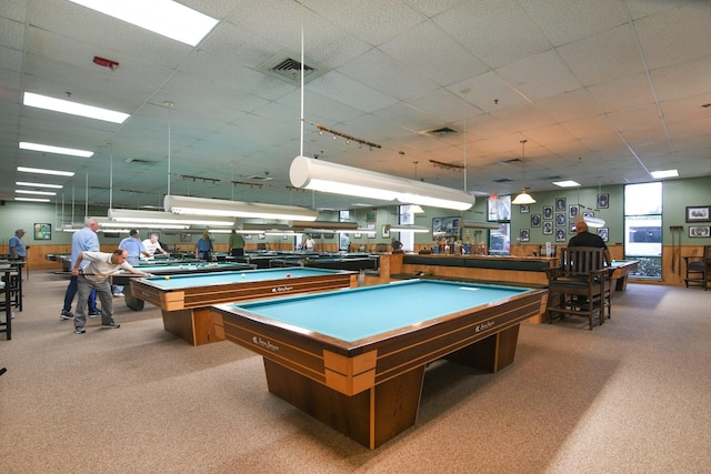 rec room featuring light colored carpet and pool table