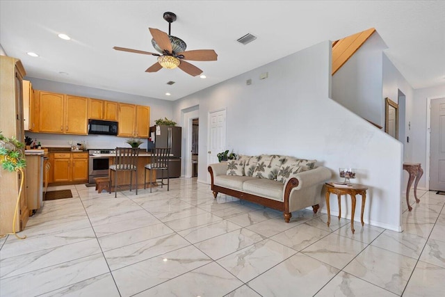 living room featuring visible vents, recessed lighting, marble finish floor, and ceiling fan