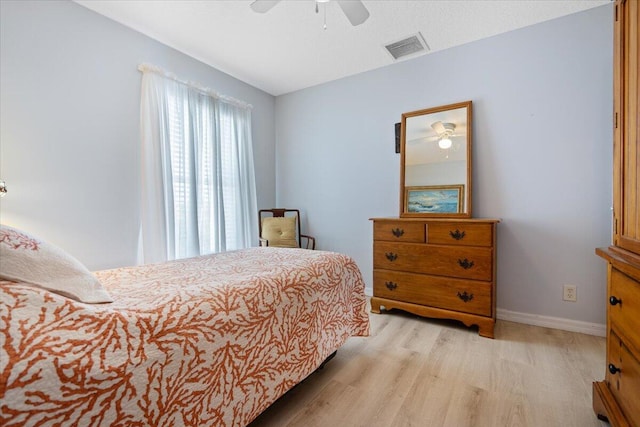 bedroom with ceiling fan and light hardwood / wood-style floors