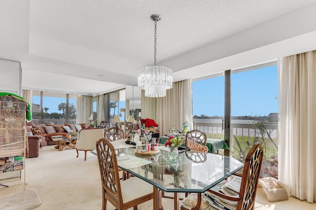 carpeted dining space with a wealth of natural light, a textured ceiling, and a notable chandelier