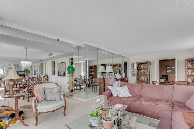 living room featuring carpet, a notable chandelier, crown molding, and a textured ceiling