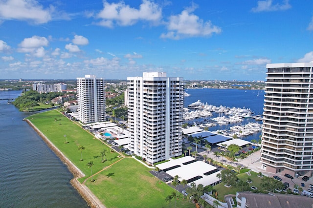 bird's eye view with a water view