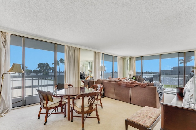 carpeted dining area featuring a textured ceiling, a water view, and expansive windows