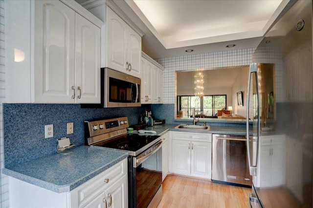 kitchen with backsplash, white cabinets, sink, appliances with stainless steel finishes, and light hardwood / wood-style floors