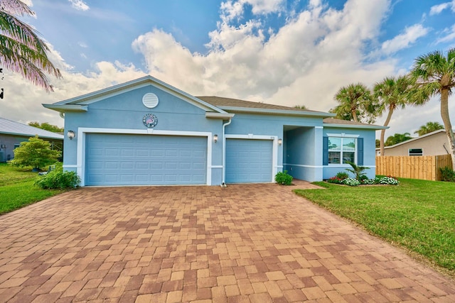 ranch-style home with a garage and a front lawn