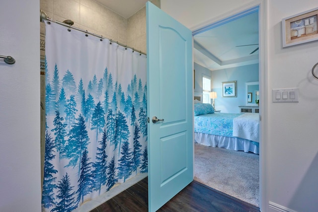 bathroom featuring a shower with curtain and hardwood / wood-style floors