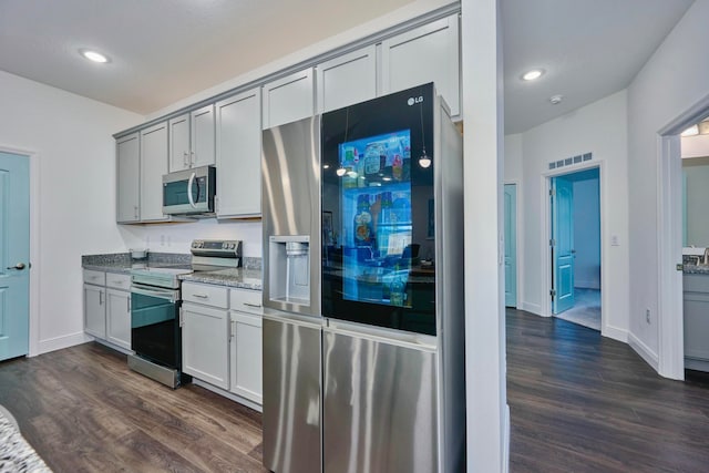 kitchen with gray cabinetry, stone counters, dark hardwood / wood-style floors, and appliances with stainless steel finishes