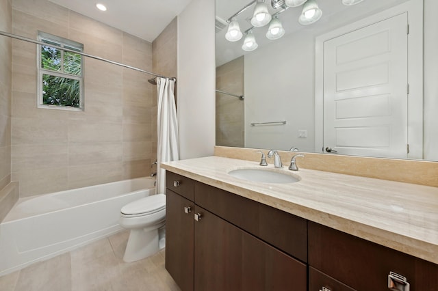 full bathroom featuring vanity, tile patterned flooring, shower / bathtub combination with curtain, and toilet