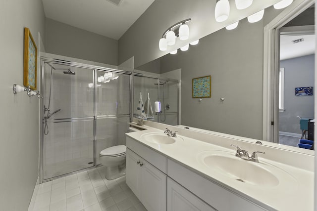 2233 SW Golden Bear Way, Palm City, FL 34990 - bathroom with toilet, a shower stall, double vanity, and tile patterned flooring