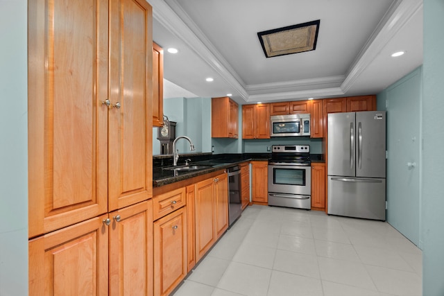 kitchen featuring crown molding, sink, dark stone countertops, appliances with stainless steel finishes, and a tray ceiling