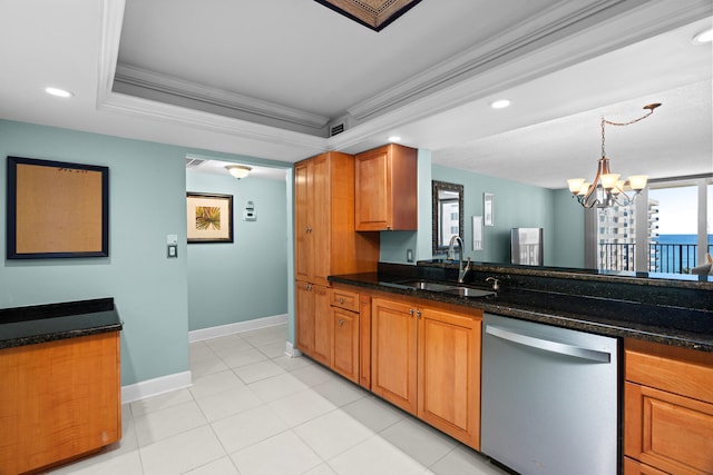 kitchen featuring ornamental molding, sink, dark stone countertops, dishwasher, and a chandelier